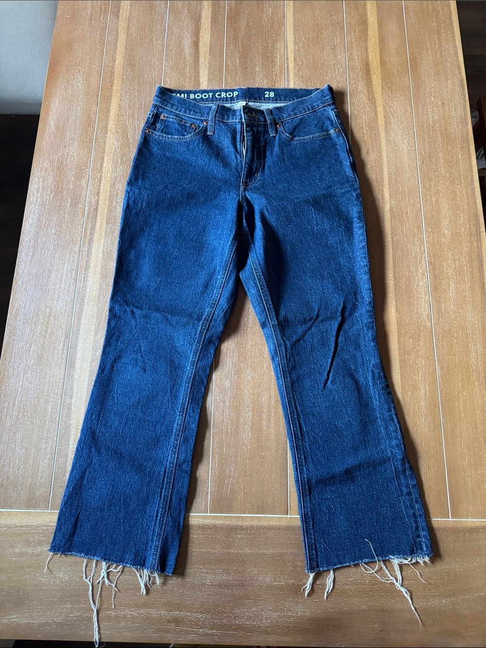 J. Crew Dark Blue Boot-Cut Cropped Jeans with Frayed Hem